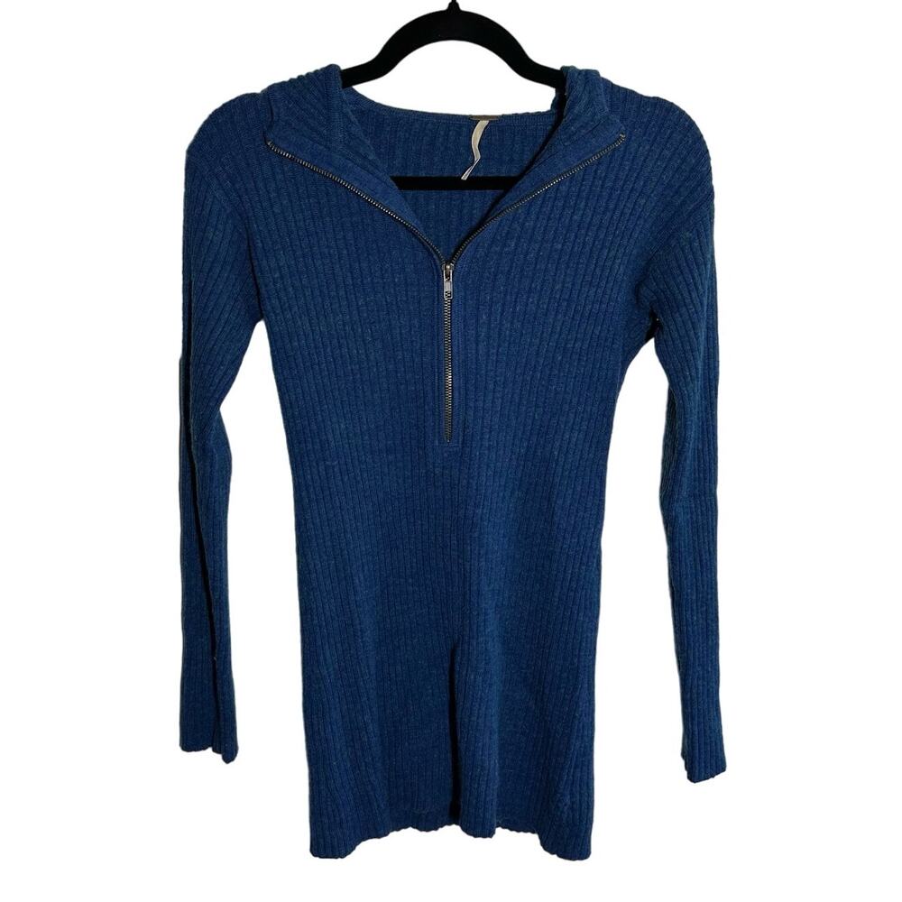 Free People Blue Ribbed Hooded Quarter Zip Wool Blend Sweater Top Size Medium